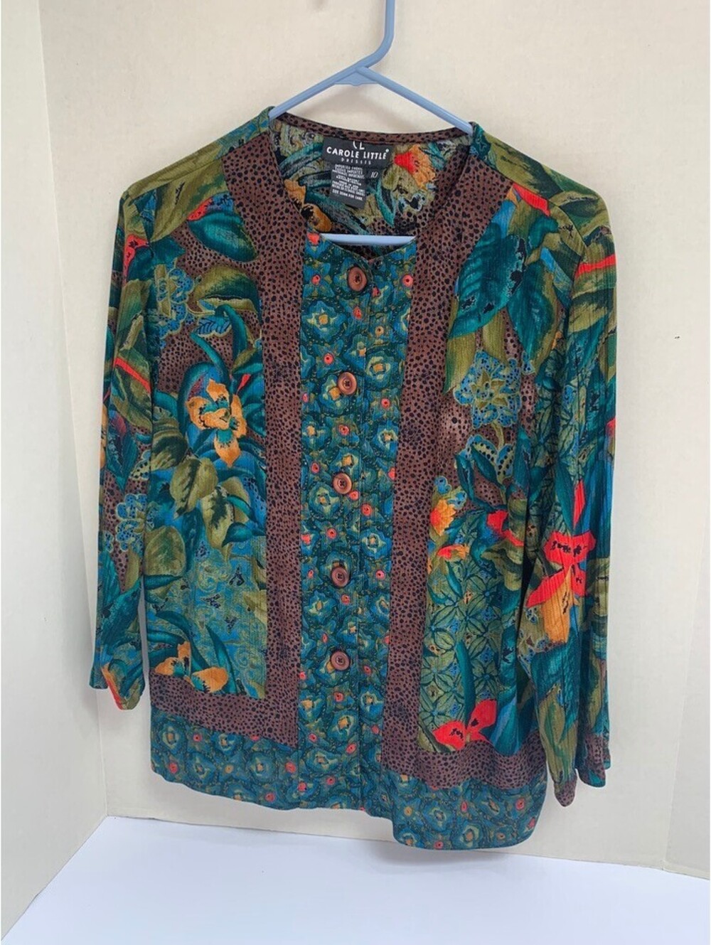 Vintage Carole Little Patchwork Mixed Print Blouse Top Green Size 10